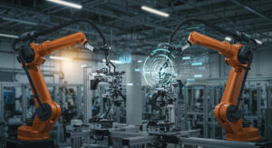 Quality control robots with orange arms inspect parts on an assembly line, using digital data for precision.