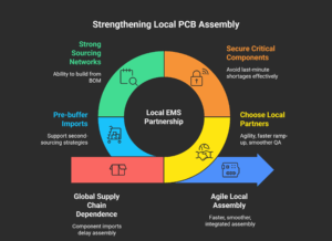 Graphic of strategies to strengthen local PCB assembly, showing supply chain and sourcing factors.